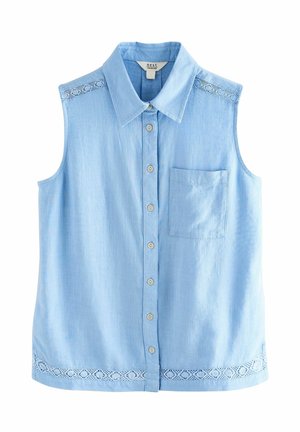 Sleeveless light blue button-up shirt with collar, chest pocket, and lace trim along shoulders and hem.
