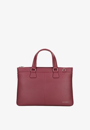 Burgunderfarbene Ledertasche mit zwei Obergriffen, schlankem rechteckigem Design, strukturierter Oberfläche, silberner Beschläge und einem Reißverschlussverschluss.