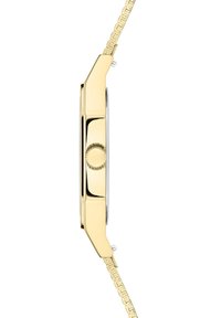 Orologio dorato con cassa rettangolare, superficie liscia e corona rotonda testurizzata; dotato di un cinturino a bracciale con maglie.