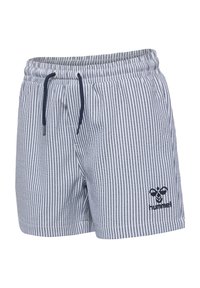 Blå och vita randiga badshorts med elastisk midja och dragsko. Har en logotyp på nedre högra sidan. Mjuk tygkänsla.