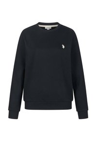 Navy blue cotton sweatshirt with long sleeves, a crew neck, ribbed cuffs, and an embroidered logo on the chest. Smooth texture.