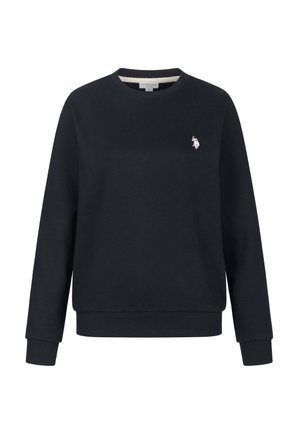 Marineblaue Baumwolljacke mit langen Ärmeln, Rundhalsausschnitt, gerippten Bündchen und gesticktem Logo auf der Brust. Glatte Textur.