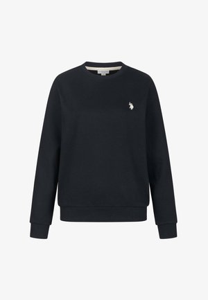 Marineblaue Baumwolljacke mit langen Ärmeln, Rundhalsausschnitt, gerippten Bündchen und gesticktem Logo auf der Brust. Glatte Textur.