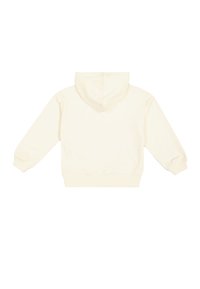 Sweat-shirt à capuche crème, à manches longues, avec des poignets et un bas côtelés. Tissu doux sans logos ni motifs visibles. Vue de dos.