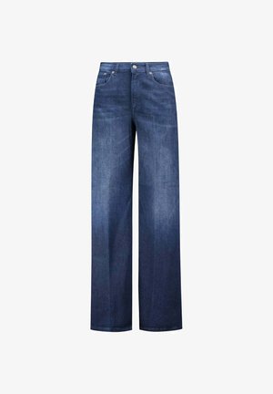 Jeans a gamba larga realizzati in denim scuro. Presentano un classico design a cinque tasche, chiusura con bottone e una leggera scoloritura sulla parte anteriore.