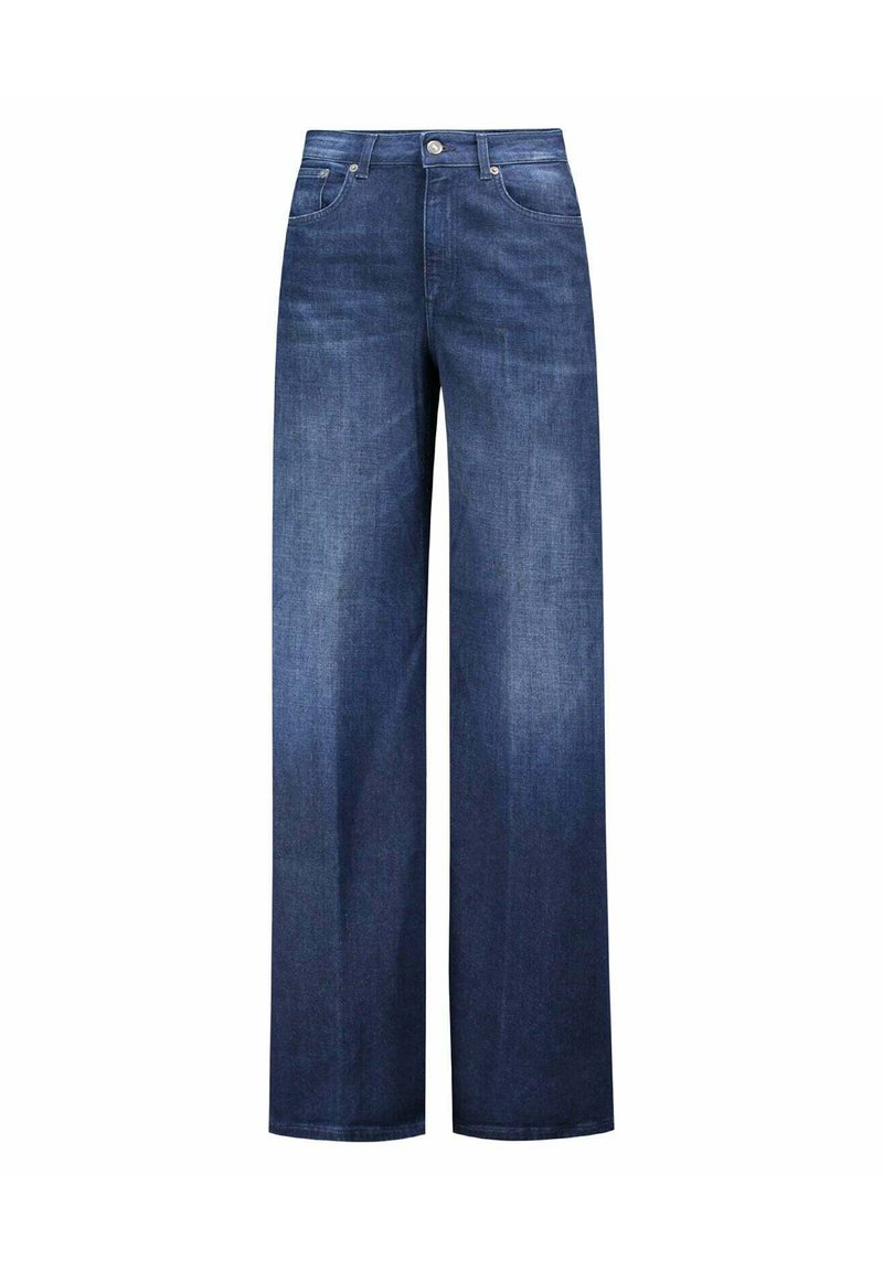 Jeans a gamba larga realizzati in denim scuro. Presentano un classico design a cinque tasche, chiusura con bottone e una leggera scoloritura sulla parte anteriore.