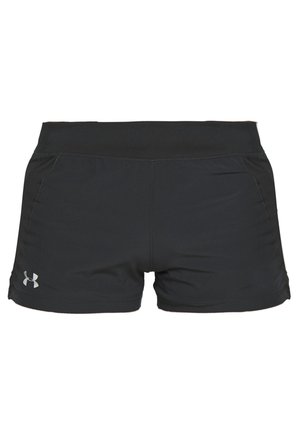 Schwarze Sportshorts für Damen von Under Armour mit breitem Bund und Logo auf dem linken Bein, entwickelt für Laufen oder Training.