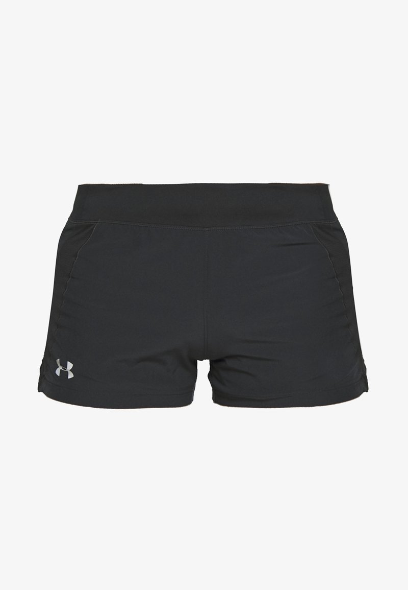 Zwarte sportshorts voor dames van Under Armour met een brede tailleband en een logo op het linkerbeen, ontworpen voor hardlopen of training.
