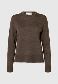 Maglione lungo marrone a maniche lunghe con collo a girocollo, realizzato in un morbido tessuto testurizzato. Design semplice con polsini e orlo a coste.