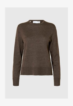 Brązowy sweter z długim rękawem i okrągłym dekoltem, wykonany z miękkiej, teksturowanej tkaniny. Prosty design z ribbowanymi mankietami i dolnym wykończeniem.