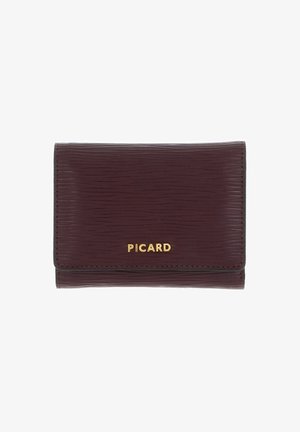 Burgunderfarbiges, strukturiertes Portemonnaie mit goldenem "PICARD"-Logo, rechteckiger Form und genähten Kanten. Kompaktes Design geeignet für Karten und Bargeld.