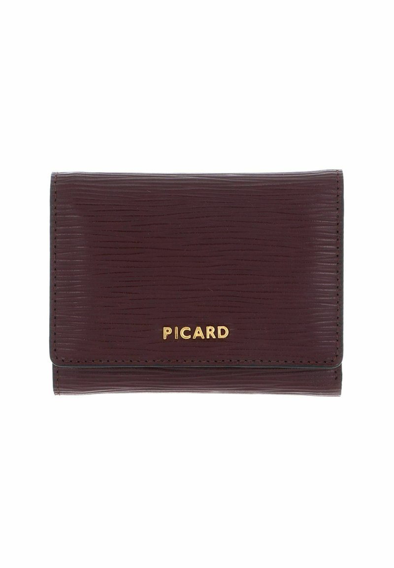 Portefeuille texturé bourgogne avec le logo doré "PICARD", de forme rectangulaire et avec des bords cousus. Design compact adapté pour les cartes et les espèces.