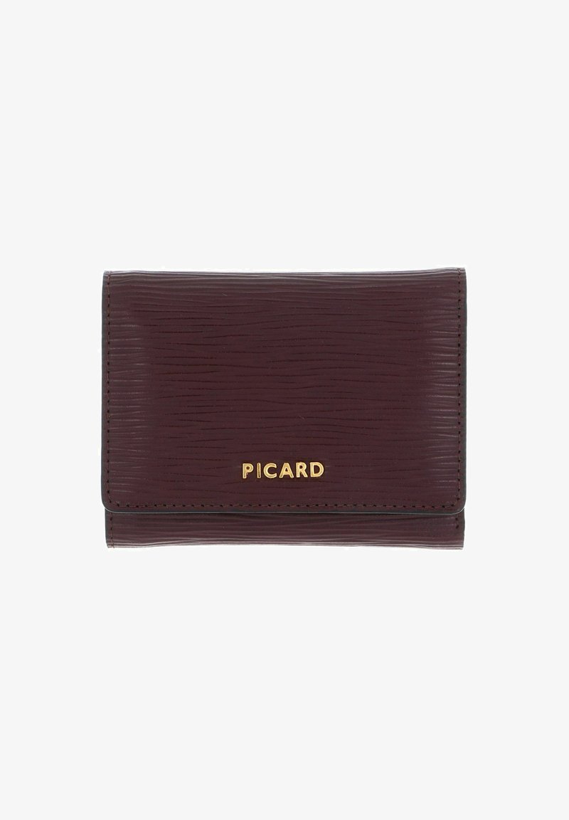 Burgundy textured wallet with gold "PICARD" logo, rectangular shape, and stitched edges. Compact design suitable for cards and cash.