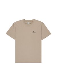 Camiseta de algodón beige con cuello redondo y mangas cortas; presenta un pequeño logotipo en negro impreso en el centro delantera.