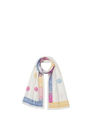White scarf with colorful borders in blue, pink, yellow, and purple featuring the repeated text "WAKE UP" and "ON YOUR FACE" with circular smiley and tree icons.
