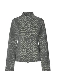 Jeansjacke mit Leopardenmuster, die über einen Kragen, eine Knopfleiste und lange Ärmel in Grautönen und Grüntönen verfügt, mit sichtbaren Nähten.