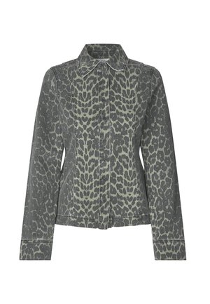 Leopard-print denim jacket featuring a collared neck, button front, and long sleeves in shades of gray and green with visible stitching.