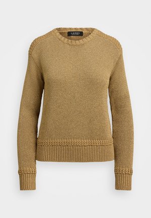 Sweater de malha em tom castanho quente, com decote redondo, mangas longas e detalhes trançados nos punhos e na bainha. Tecido texturizado.