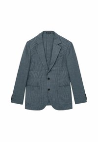 Sacou cu carouri în alb și albastru, design cu un singur rând de nasturi, cu rever decupat, două buzunare frontale și manșete cu trei nasturi.