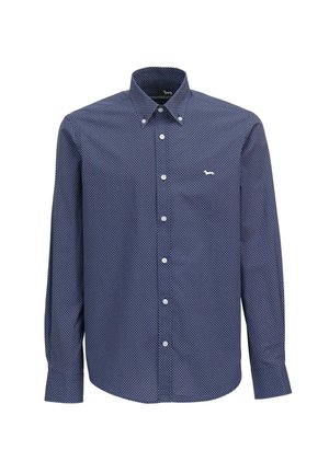 Camicia blu navy con bottoni, piccolo motivo geometrico bianco, maniche lunghe, colletto con bottoni e dettaglio logo sul petto.