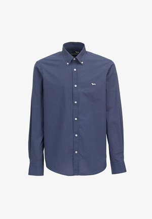 Tmavě modrá košile na knoflíky s drobným bílým geometrickým vzorem, dlouhými rukávy, límečkem na knoflíky a logem na hrudi.