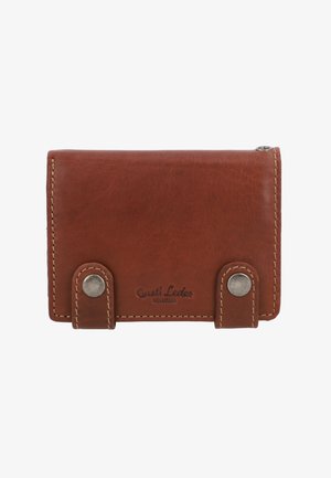 Ruskea nahkalompakko, jossa on sileä pinta, kaksi metallista napilla suljettavaa osaa, kontrastiväriset ompeleet ja kohokuvioitu brändäys etupuolella.