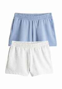 To par elastiske shorts med elastik i taljen, den ene lyseblå og den anden lysegrå, begge med sidelommer og enkelt design.