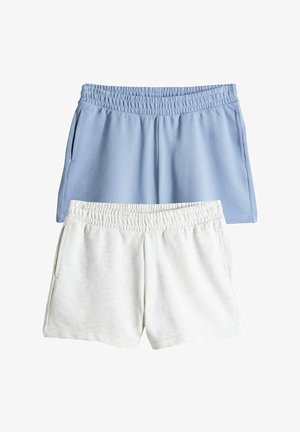 To par elastiske shorts med elastik i taljen, den ene lyseblå og den anden lysegrå, begge med sidelommer og enkelt design.