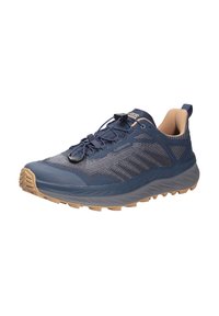 Blauer Sportschuh mit einer strukturierten Oberseite, kontrastierendem grauem Netzeinsatz und einer Gummisohle. Verfügt über elastische Schnürsenkel und einen gepolsterten Kragen.