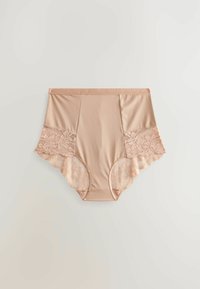 Nude hoge taille onderbroek met een gladde satijnen body en bloemige kant zijpanelen. Golvende kantafwerking voegt detail toe aan de beenopeningen.