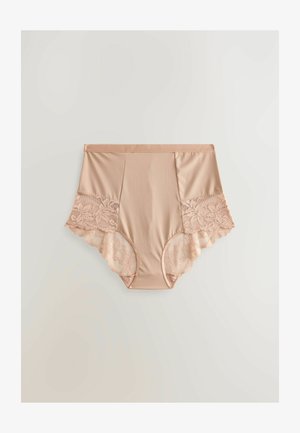 Nude hoge taille onderbroek met een gladde satijnen body en bloemige kant zijpanelen. Golvende kantafwerking voegt detail toe aan de beenopeningen.