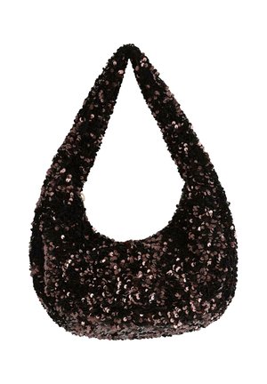 Sort skuldertaske i stof, tæt dækket med skinnende sorte pailletter, med en tyk rem og rundet bund.