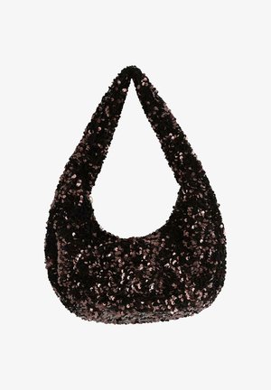 Sort skuldertaske i stof, tæt dækket med skinnende sorte pailletter, med en tyk rem og rundet bund.