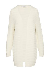 Crème-kleurige cardigan met V-hals, lange mouwen en een gestructureerd ribbelpatroon. Open voorkant en zijsplits voor gemakkelijk dragen.