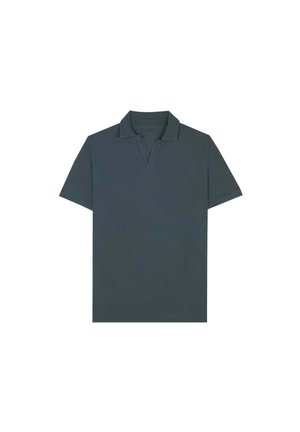 Donkergrijze poloshirt met een klassieke kraag, korte mouwen en een zachte, gladde textuur. Eenvoudig ontwerp zonder patronen of versieringen.