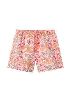 Short de bain homme avec taille élastique et cordon, avec un motif de feuilles tropicales orange, rose et beige.