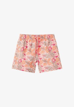 Herren-Badeshorts mit elastischem Bund und Kordelzug, mit orange-, pink- und beigem tropischem Blattmuster.