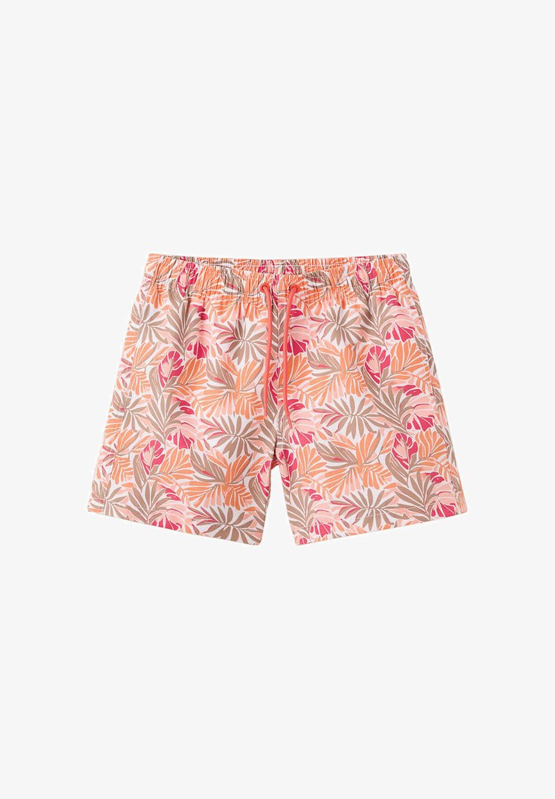 Short de bain homme avec taille élastique et cordon, avec un motif de feuilles tropicales orange, rose et beige.