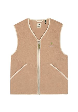 Gilet in pile beige con bordatura bianca, cerniera frontale, due tasche oblique e piccolo logo di un albero verde sul petto sinistro.