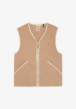 Beige fleecevest met witte biezen, een ritssluiting aan de voorkant, twee schuine zakken en een klein groen boomlogo op de linkerbovenkant.