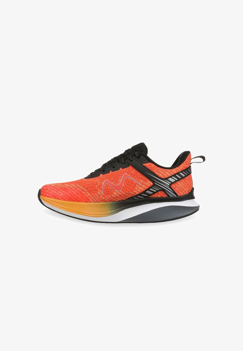 Sporty running shoe with a red-orange knitted upper, black accents, and a gradient midsole transitioning from orange to gray.