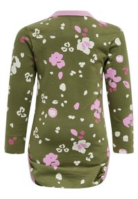Långärmad topp i olivgrön bomull med ett blommönster i rosa och vitt. Den har en rund halsringning med en rosa kant och sidofåll.