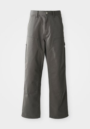 Pantalons cargo gris au design droit, dotés de deux poches avant et de poches latérales supplémentaires pour le rangement. Fabriqués en tissu durable.