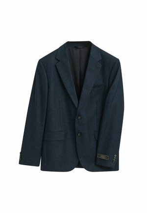 Donkerblauwe blazer van textuurstof, met notch-lapels, twee voorzakken en drie knopen op de mouwen.