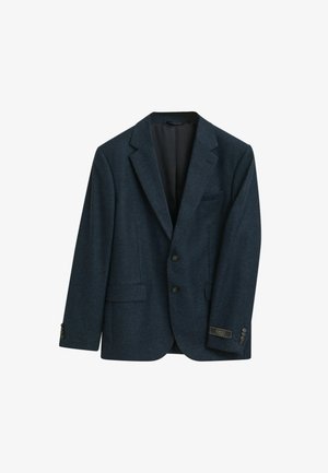 Dunkelblazer aus strukturiertem Stoff, mit Reverskragen, zwei Fronttaschen und drei Knöpfen an den Manschetten.
