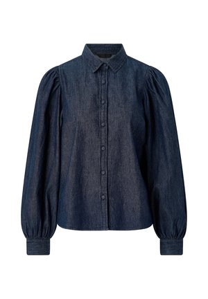 Mørkeblå denimbluse med puffede lange ærmer, knaplukning foran og en klassisk krave.