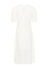 White lace dress with short puff sleeves, knee-length, featuring a subtle floral pattern and back keyhole closure. Textured fabric.