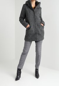 Grijze wollen mix jas met een capuchon, twee zijzakken en een rechte snit. Gecombineerd met grijs geblokte broeken en zwarte hoge hakken.