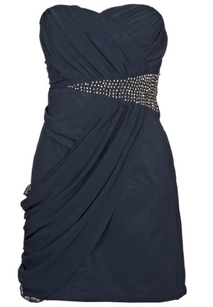 Abito senza spalline di un blu navy scuro con tessuto arricciato, una vita decorata con perline e dettagli drappeggiati lungo la gonna. Finitura in tessuto liscia.