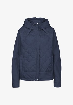 Navy blue quilted jacket with a hood, front pockets, drawstring, and snap closure. Smooth fabric texture with a slightly glossy finish.